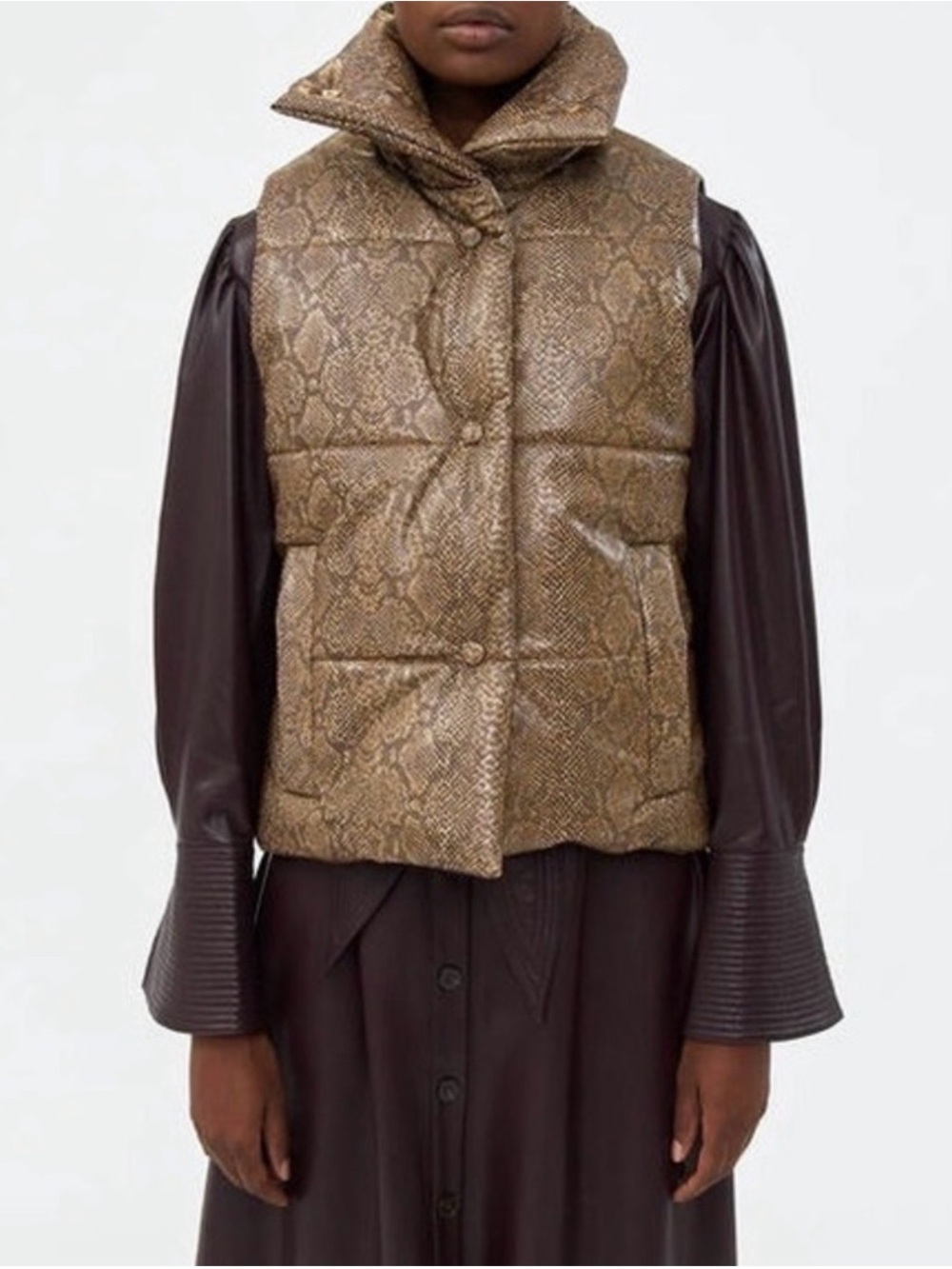 Nanushka Snake-Print Quilted Puffer Vest in Brown